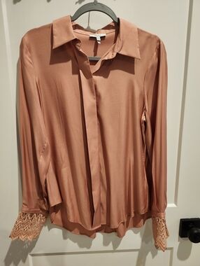 Reiss Zandra Stylish Lace-Cuff Blouse Peach Coral